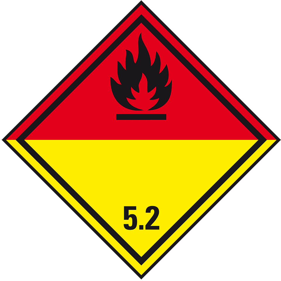 ADR klasse 5.2, organische peroxide, oxiderend symbool, rood geel
